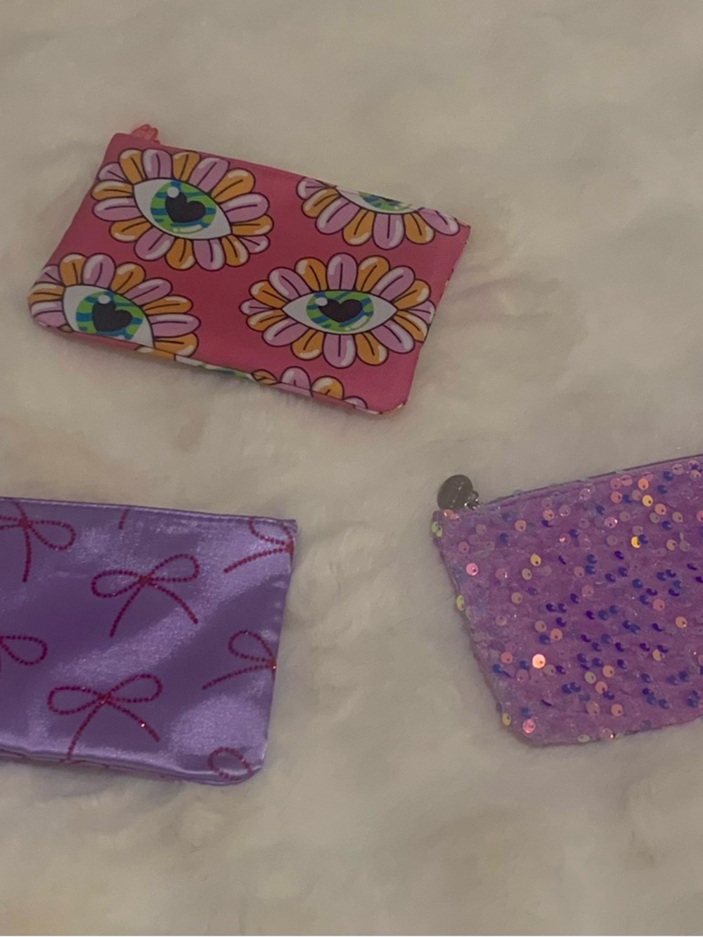 Ipsy Pink Floral Eye Print, Sequence, and Bow  Cosmetic Pouch Set